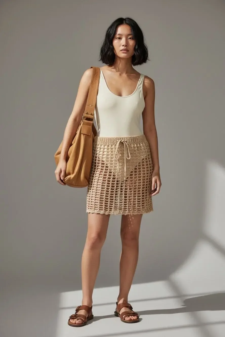 Crochet Hand Made Beige Mini Skirt Knit Cover Up Swim Drawstring Net Skirt Boho
